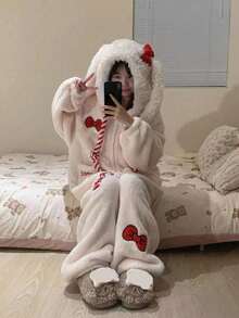 女士冬季可爱兔耳朵红色蝴蝶结蓬松浴袍，保暖珊瑚绒宽松舒适睡衣，带帽珊瑚绒睡袍，兔耳朵设计，卡通可爱风格女士睡衣休闲家居服套装，女士舒适家居服 - 彩色 - 查看 10