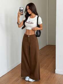 SHEIN Tall 夏季高个女式休闲通勤复古高腰棕色阔腿牛仔裤，女式毛边宽松牛仔裤，阔腿棕色牛仔裤 - 棕色 - 查看 5