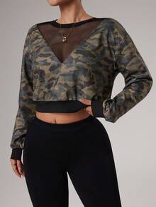 CourtClass 女士迷彩拼接圆领落肩长袖卫衣 - 黑色 - 查看 3
