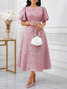 SHEIN Lady Women's Jacquard Round Neck Short Petal Sleeve Midi Dress Brocade Jacquard Dress Belle Elegant Dress French Style Dress Elegant Midi Dress Puffy Sleeve Dress - Dusty Pink - View 7
