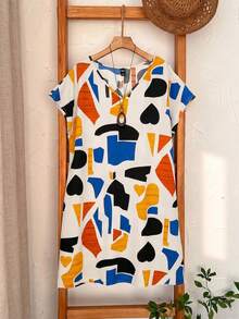 大码女式V领几何印花休闲日常约会连衣裙 - 彩色 - 查看 6