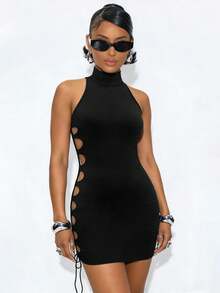 Zyxie Vestido mini de verano para mujer, con diseño sexy y ajustado, con detalles calados - Negro - Ver 3