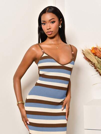 Mima John Women's Spring/Summer New Knitted Dress, Crochet Dress With Criss-Cross Halter Neck And Open Back, Striped Bohemian Maxi Dress, Vacation Dress, Elegant Dress For Women