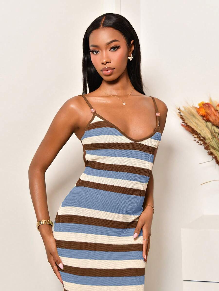 Mima John 女士春夏新款针织连衣裙，交叉吊带露背钩花连衣裙，波西米亚条纹长裙，度假连衣裙，优雅女士连衣裙 - 彩色 - 查看 1