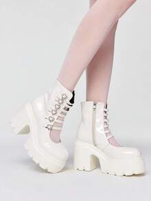 ROMWE Kawaii 女士高跟凉鞋~ 2026 新款春秋朋克风白色 PU 圆头女鞋粗跟防水桌高跟鞋爱心交叉带时尚靴 - 白色 - 查看 4