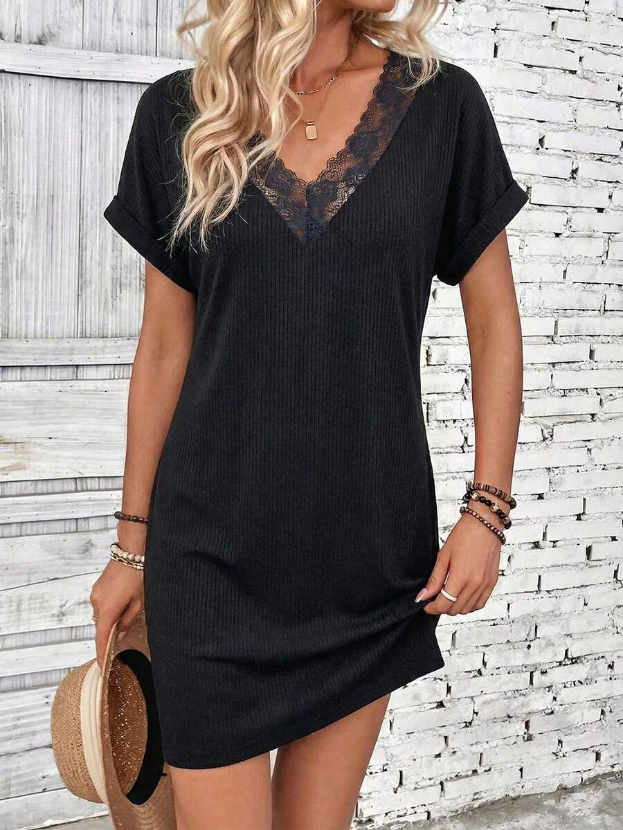 EMERY ROSE Women's Contrast Lace V-Neck Short Sleeve Casual Mini Dress - Black - View 1