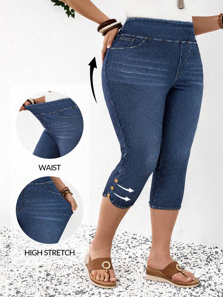 EMERY ROSE Mature Denim Quần jeans nữ cỡ lớn cạp cao, có túi và nút, dáng ôm, dài đến 7/8, thích hợp cho mùa hè, mùa xuân, lễ hội, trang phục lễ hội, tiệc tùng, đi biển, đi chơi, hẹn hò, tiệc cocktail, sự kiện trang trọng, kỳ nghỉ, văn phòng, công sở, đi làm, khách dự đám cưới và lễ hội miền Tây. - Màu xanh lam - Xem 1