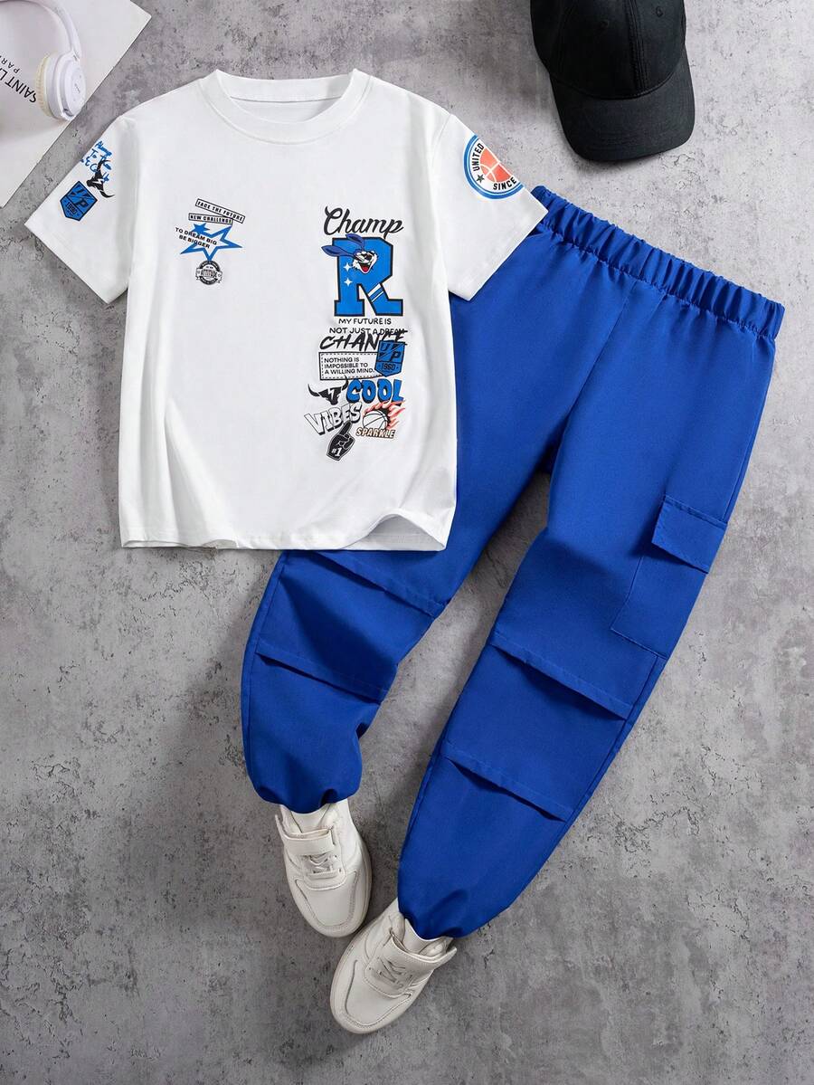 Coolqubz Boys' New Summer Graphic Round Neck T-Shirt & Pleated Cargo Pants 2 Pieces Casual Sports Set - Blue - View 1