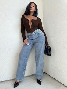 Alexandranx Body de cuello en V profundo moderno - Café integral - Ver 6