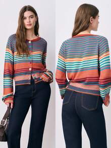 Nöista 条纹针织开衫毛衣，配彩色纽扣。适合春夏穿着，休闲百搭。 - 鏽棕色 - 查看 4