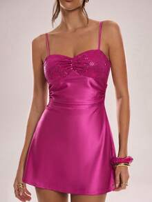 Avenya Váy satin đính sequin, hở lưng, xếp ly, cổ yếm - Màu tím - Xem 3