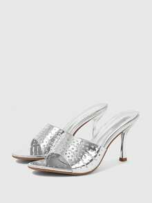 Sleekvia 女士鞋履春夏新款银色圆头镂空细高跟凉鞋拖鞋时尚舒适百搭通勤性感派对女士凉鞋女鞋拖鞋 - 銀色 - 查看 2