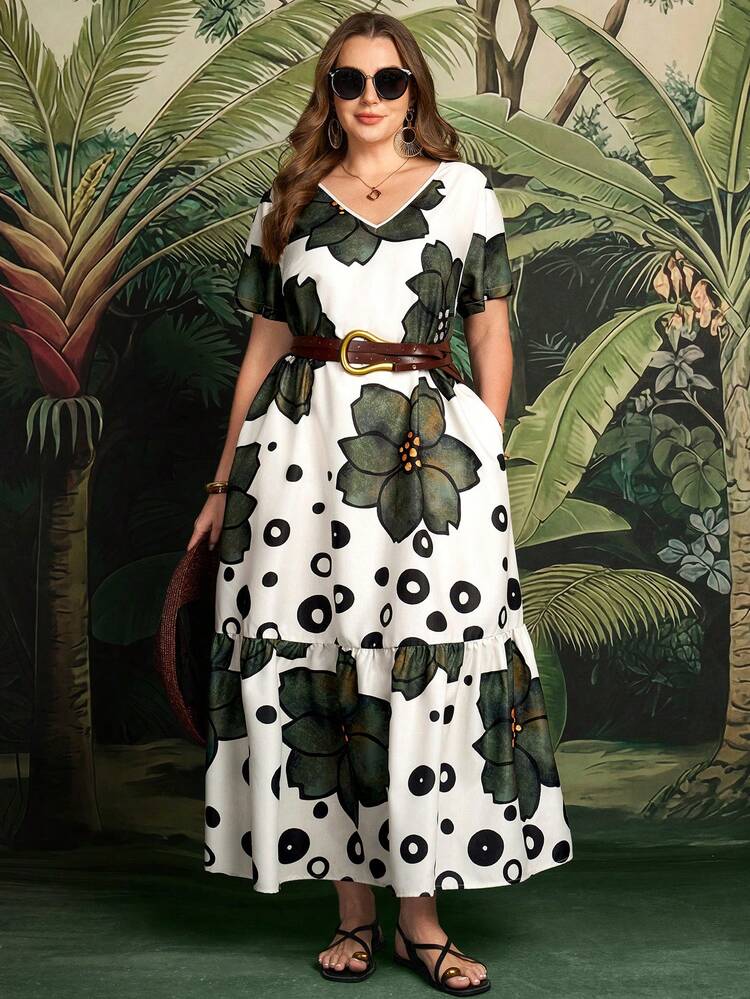 Plus Size Women Floral Print V-Neck Short Sleeve Ruffle Hem Vacation Dress Summer Outfits Beach Vacation Outfits For Women Floral Dress BOHO Clothes Women's Summer Dresses Women Casual Dresses Summer Outfits For Women Beach Outfit For Women Casual Vacation Outfits Women Country Concert Outfit Peplum