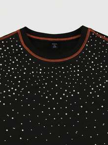 ROMWE MEN Street Life Men's Summer Fashion Rhinestone Decor Contrast Trim Loose Fit T-Shirt - Black - View 2