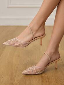 CUCCOO HITCHD Giày cao gót mũi nhọn đính hoa ngọc trai giả thanh lịch dành cho nữ. - Màu be - Xem 2