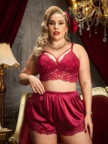 PinupPomp 2pcs Lace Patchwork Crisscross Strap Camisole Top + Satin Shorts Set - Burgundy - View 3