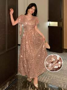 DAZY Đầm nữ thanh lịch cổ chữ V đính sequin tay bồng dài ngang gối, thích hợp mùa hè, dự tiệc cưới, đầm hè cho nữ. - Hồng - Xem 10