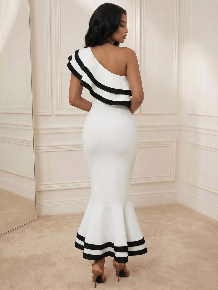 Women's New Sexy Bodycon Pleated Long Lantern Sleeve Bandage Elegant Party Dress, White Ruffle Hem Cocktail Gown