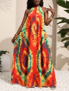 BamGleam Women's Summer Beach Sleeveless Backless Halter Tie Digital Placement Fashion Print Vacation Maxi Dress - Multicolor - View 6