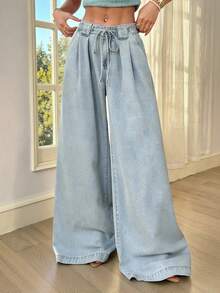 Breezaya 女士系带腰褶裥阔腿宽松休闲牛仔裤 - 藍色 - 查看 6