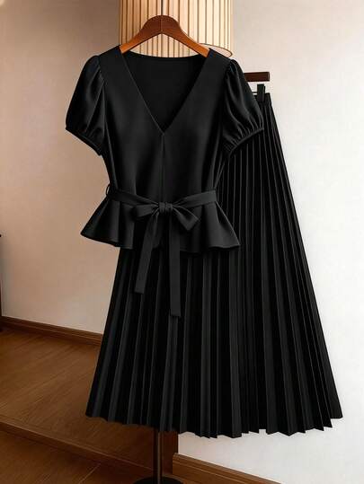 GlowEve CURVE Plus Size 2-Piece Set, Solid Color Elegant Commuter Minimalist Chiffon Summer Outfit For Women