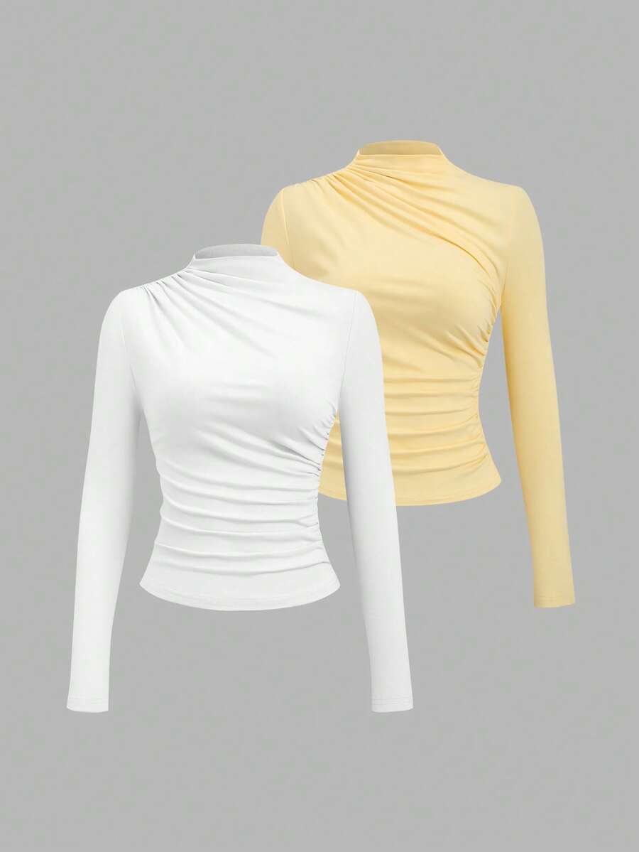 Sweetra Áo thun dài tay cổ cao xếp ly gợi cảm phong cách Y2K - Nhiều màu - Xem 1