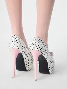 ROMWE Kawaii 14cm High Heel Women's Fashion Pointed Toe Bowknot Polka Dot Sexy Waterproof Platform Pumps - Black and White - View 5