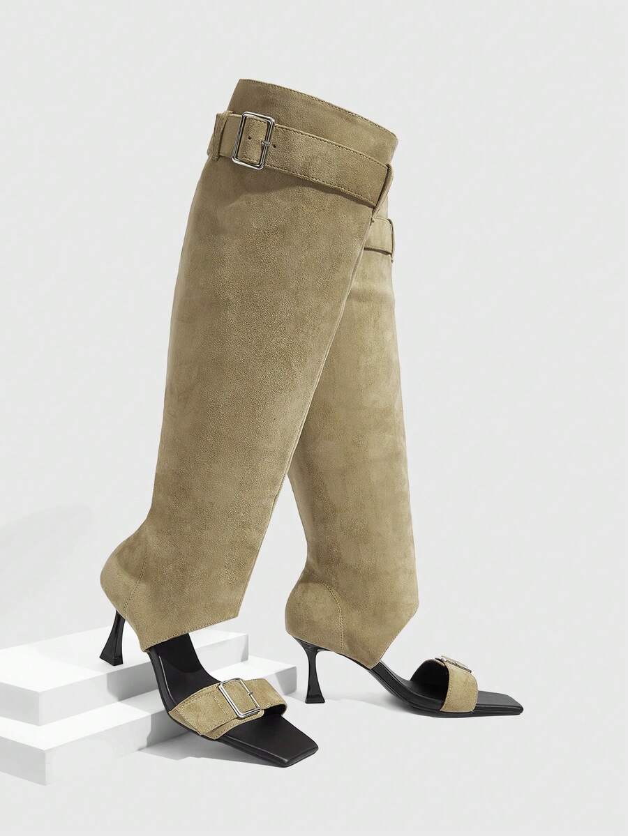 Daringsoles Women Shoes Spring And Autumn Explosion Open-Toe One-Word Buckle Square Head Thin High Heel Pull Wind Khaki Brown Beautiful Boots Outside Wear - Khaki - View 1