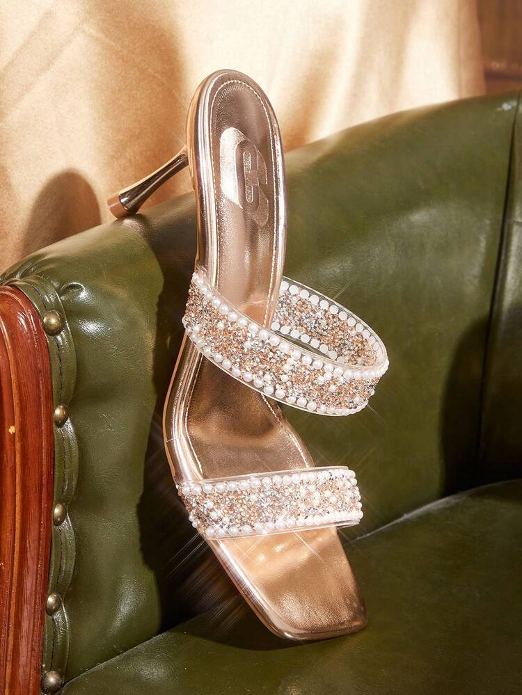 CUCCOO TILAWA Women Shoes Square Toe Slender Heel Champagne Transparent Film Pearl Rhinestone Sexy Fashion Elegant Gorgeous Women's High Heel Sandals Slippers With Skirts Daily Versatile Banquet Party Women's Sandals
