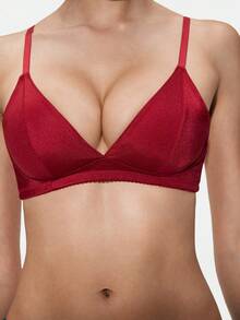 SHAPORA 1pc Burgundy Women's Bra, High-Quality Deep V Design - Burgundy - View 2