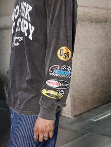 GALLERY FADE 男士休闲标语印花圆领长袖 T 恤，秋季 - 黑色 - 查看 6