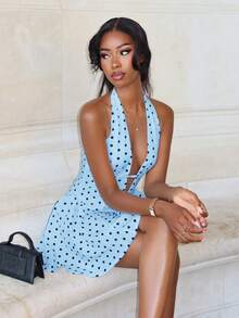 Women's Polka Dot Print Plunging Neck Sexy Fashion Halter Dress Party - Blue - View 4