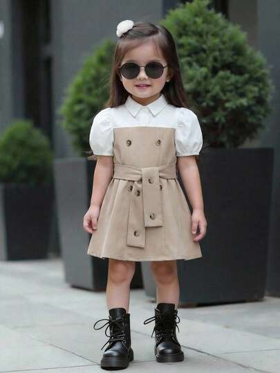 SHEIN 女婴可爱撞色Polo领短袖连衣裙，夏季