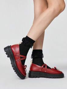 ROMWE Kawaii Women Wedges & Flatform - Burgundy Cross Bow - View 4