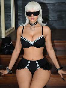 SHEIN 2pcs Baroque Dark Underwire Bra + Thong Panty Set - Black - View 4