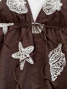 Soleia New Casual Sexy Vacation Shell Embroidered Spaghetti Strap A-Line Bohemian Camisole Golf White Summer - Brown - View 5