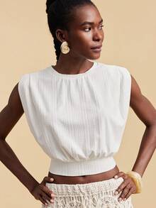 Travachic Women's Elegant White Summer Round Neck Ruched T-Shirt,Cinched Waist Pleated Structured Crop Top,Boho Vacation Party - White - View 1