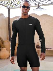 Manfinity VDAYZ Bañador de una pieza con manga raglán de media apertura con cremallera para hombres en vacaciones de verano - Negro - Ver 7