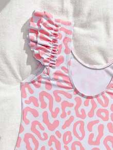 SHEIN Baby Girls' Beachwear One-Piece Swimsuit, Cute & Conservative Knit Fabric, Playful Pink Leopard Print, Ruffled Sleeves Design, Suitable For Swimming, Summer Vacation, Beach, Pool, Holiday Party - Pink - View 7