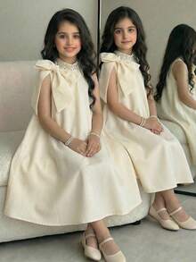 SHEIN Tween Girl Rhinestone Collar Sleeveless A-Line Dress,Oversized Bow Organza Decor Modest Formal Dress For Girls,Cream White,Summer,Elegant,Party - Apricot - View 2