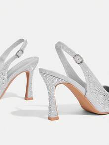 CUCCOO TILAWA 女士尖头细跟银色水钻性感时尚华丽后跟提拉鞋，搭配裙子，适合宴会、派对、夜店等场合，女士高跟鞋 - 銀色 - 查看 5