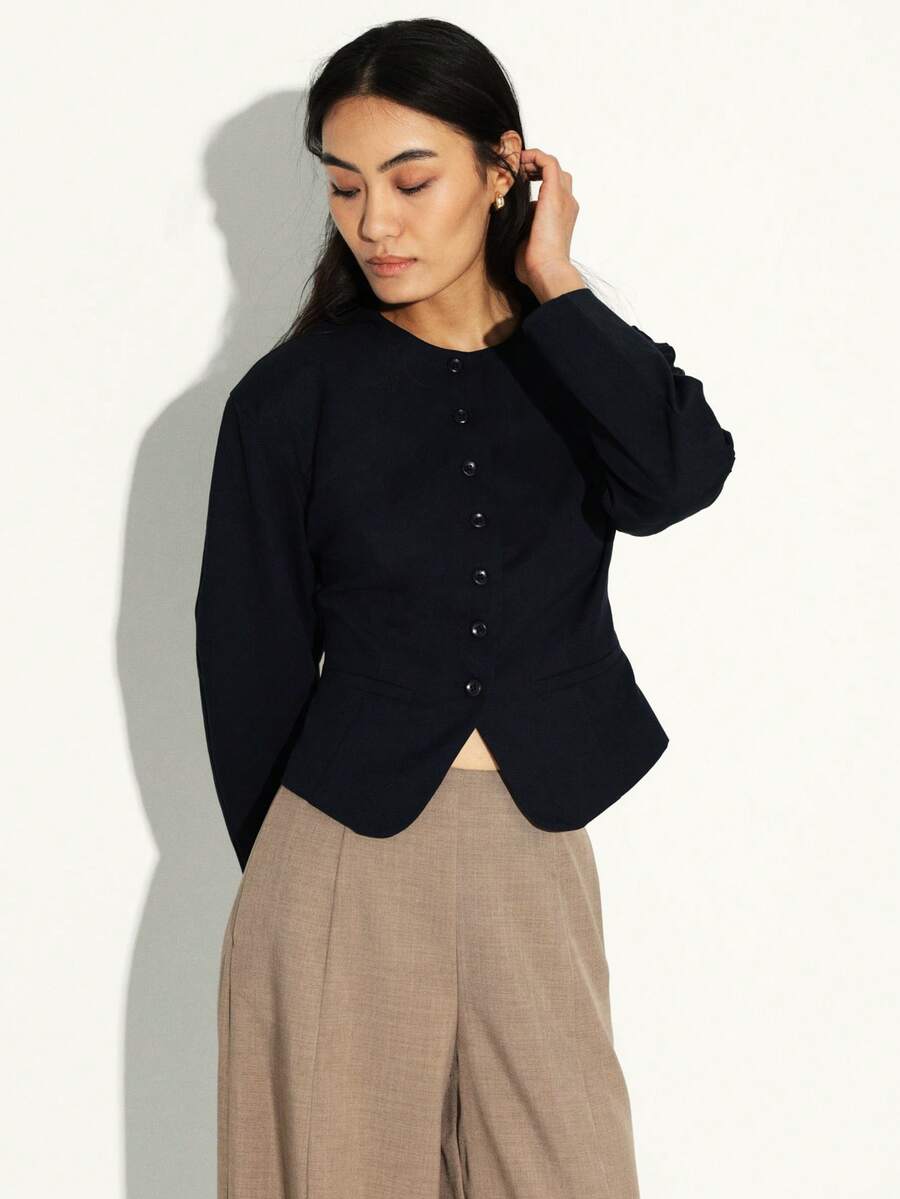 KSTM Women's Black Button Front Cropped Cocoon Jacket Long Sleeve Casual Office Blazer Fall Winter Outerwear - Navy Blue - View 1