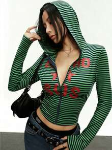 Rina Fox 女士常规肩部长袖休闲条纹卫衣 - 綠色 - 查看 6