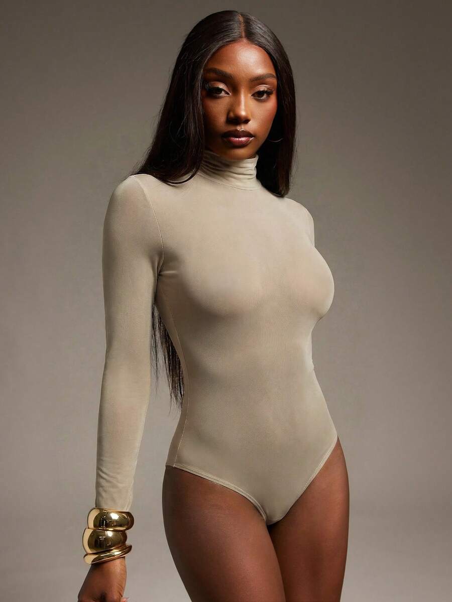 Hauture Mono de manga extra larga con cuello alto y transparente, estilo sexy para fiesta de esposa de la mafia en otoño - Caqui - Ver 1
