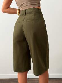 SHEIN Mid Waist Pleat Front Denim Short - Army Green - View 3