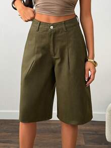 SHEIN Mid Waist Pleat Front Denim Short - Army Green - View 5