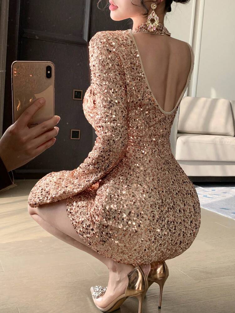 Elegant Sequin Backless Stand Collar Midi Dress For Women, Suitable For Party Occasions, Spring/Summer,Wedding Guest Dress Women Sundress