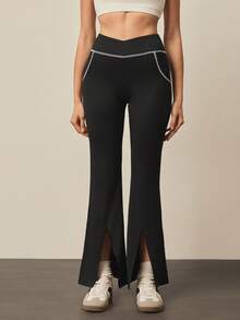SHEIN With My Calm Women's Contrast Stitching Split Hem Sports Pants - Black - View 1
