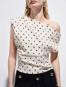 Aveloria Modichic Elegant Black White Polka Dot Summer Crop Top,One-Shoulder Asymmetric Sleeveless Ruched Design,Retro Chic Stretchy Fitted Silhouette For Date,Party - Apricot - View 3