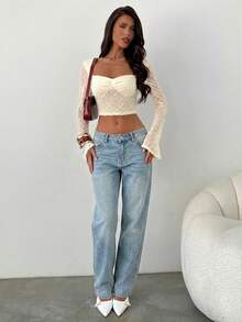 Aloruh 女士蕾丝下摆休闲百搭长袖上衣，适合日常穿着 - 米色 - 查看 3